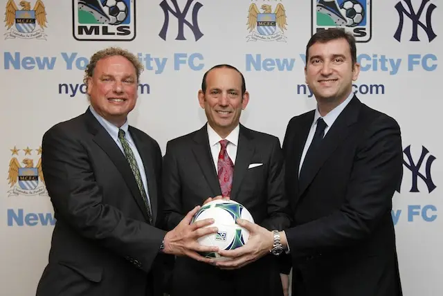 Yankees President Randy Levine, MLS Commissioner Don Garber, and MCFC CEO Ferran Soriano.
